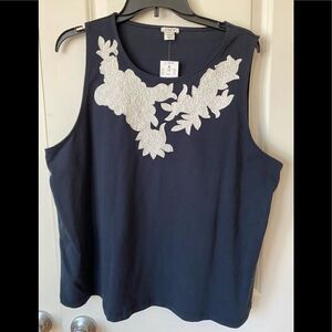 J.CREW EMBROIDERED SLEEVELESS SHELL NAVY COTTON